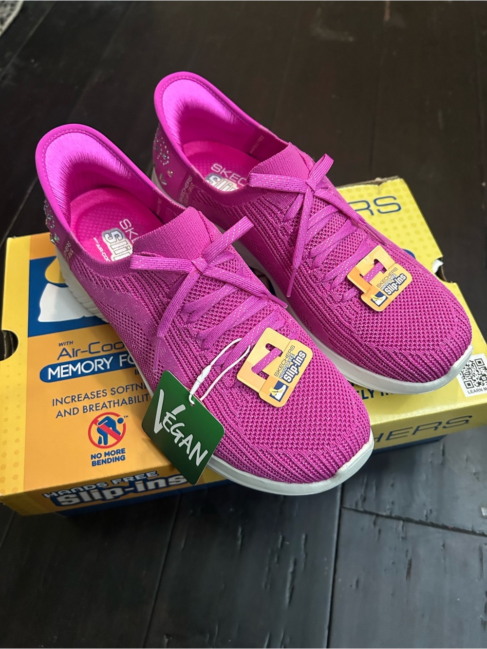 Skechers Women’s Hot Pink Stretch Knit Slip-On Sneakers with Rhinestone Heel - Picture 10 of 10